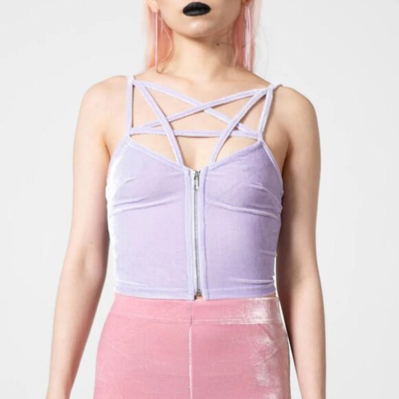 KILLSTAR Lost in Sin crushed velvet strappy pentagram crop top [PASTEL LILAC] - Picture 2 of 8